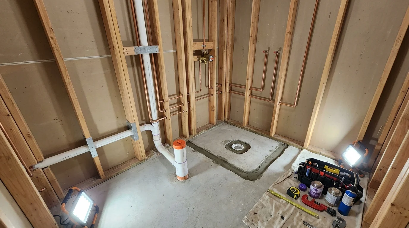 Bathroom rough-in plumbing during remodel by Johns Plumbing LLC in Lindon