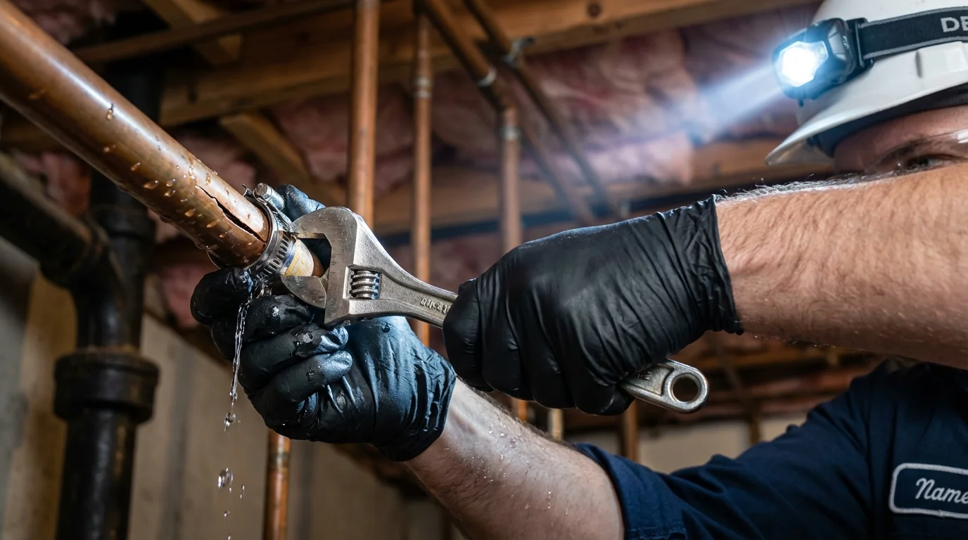 Emergency pipe clamp repair being performed by a Johns Plumbing LLC plumber in Lindon